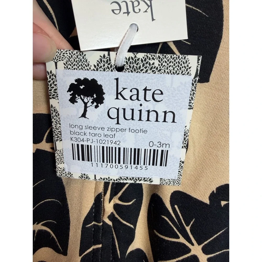 17. Kate Quinn Black Taro Leaf Long Sleeve Zipper Footie 0-3M  Tan New